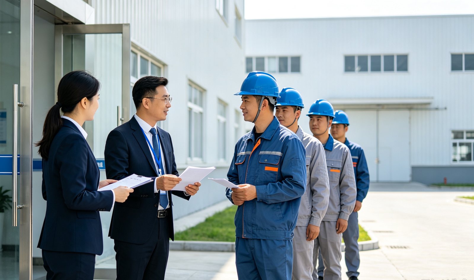 制造业客户厂区门口，招聘顾问与产线新员工进行到岗资料核验