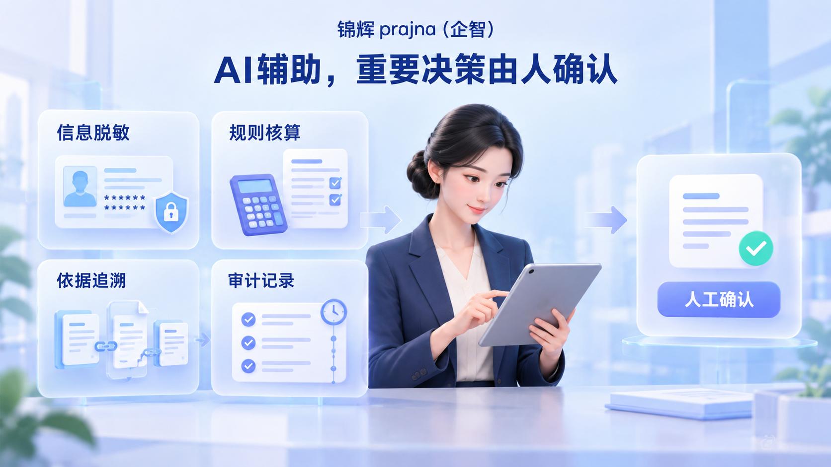 本地能力件 + 确定性规则 + 审计留痕，AI 负责核对，重要决策仍由人作出